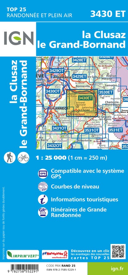 Carte TOP 25 n° 3430 ET - La Clusaz & Grand-Bornand (Alpes) | IGN carte pliée IGN 