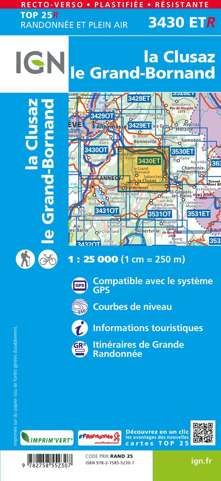 Carte TOP 25 n° 3430 ETR (résistante) - La Clusaz & Grand-Bornand (Alpes) | IGN carte de randonnée IGN