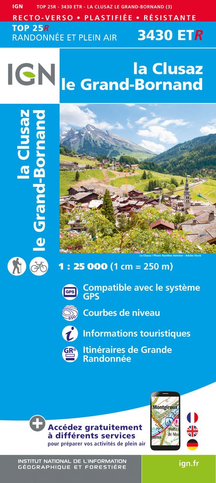 Carte TOP 25 n° 3430 ETR (résistante) - La Clusaz & Grand-Bornand (Alpes) | IGN carte de randonnée IGN