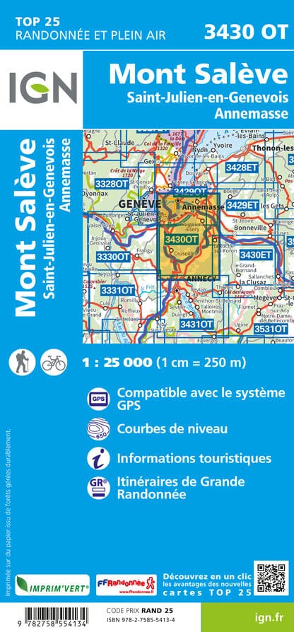 Carte TOP 25 n° 3430 OT - Mont Salève, St Julien en Genevois & Annemasse (Alpes) | IGN carte de randonnée IGN