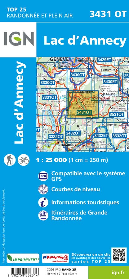 Carte TOP 25 n° 3431 OT - Lac d'Annecy (Alpes) | IGN carte de randonnée IGN
