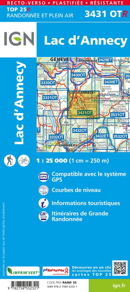 Carte TOP 25 n° 3431 OTR (résistante) - Lac d'Annecy (Alpes) | IGN carte pliée IGN 