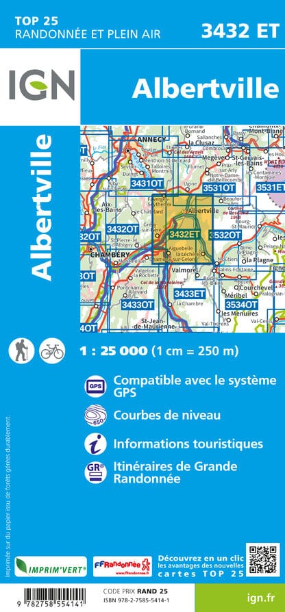 Carte TOP 25 n° 3432 ET - Albertville (Alpes) | IGN carte de randonnée IGN