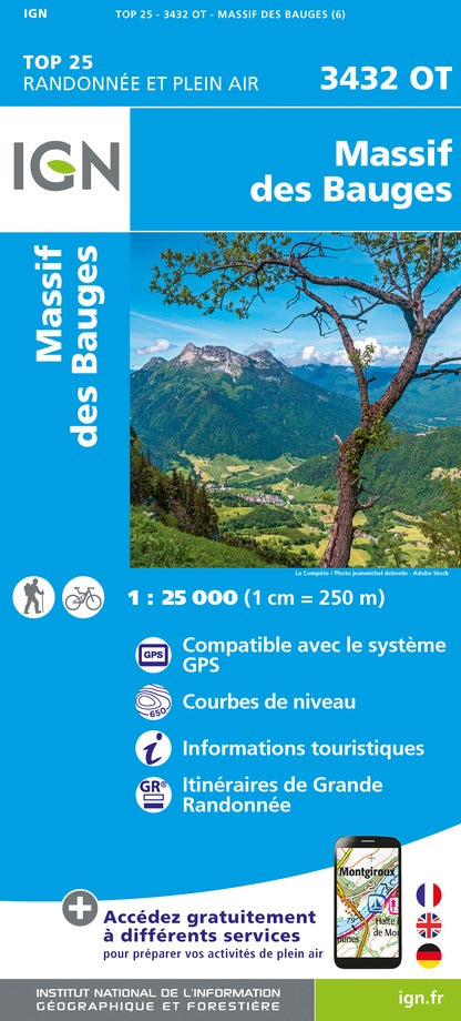 Carte TOP 25 n° 3432 OT - Massif des Bauges (Alpes) | IGN carte de randonnée IGN