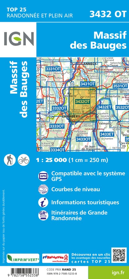 Carte TOP 25 n° 3432 OT - Massif des Bauges (Alpes) | IGN carte de randonnée IGN
