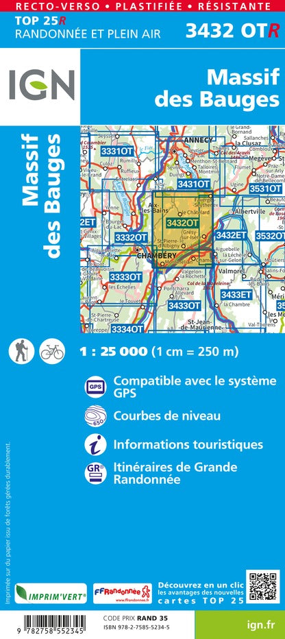 Carte TOP 25 n° 3432 OTR (résistante) - Massif des Bauges (Alpes) | IGN carte de randonnée IGN