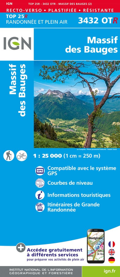 Carte TOP 25 n° 3432 OTR (résistante) - Massif des Bauges (Alpes) | IGN carte de randonnée IGN
