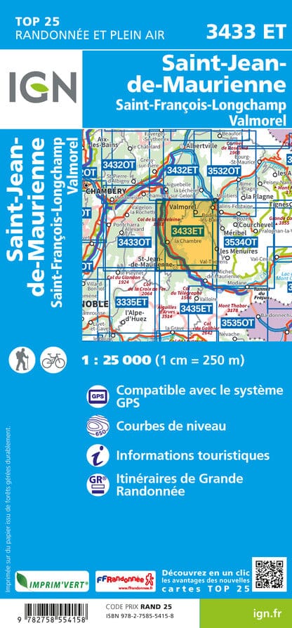 Carte TOP 25 n° 3433 ET - St-Jean-de-Maurienne, St-François-Longchamp & Valmorel (Alpes) | IGN carte de randonnée IGN
