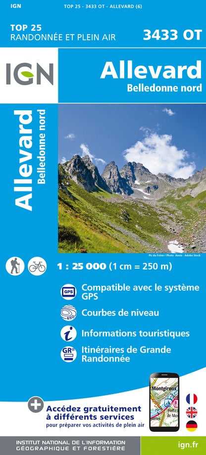 Carte TOP 25 n° 3433 OT - Allevard, Massif de Belledonne Nord (Alpes) | IGN carte de randonnée IGN