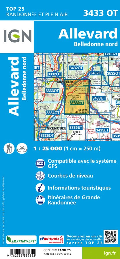 Carte TOP 25 n° 3433 OT - Allevard, Massif de Belledonne Nord (Alpes) | IGN carte pliée IGN 