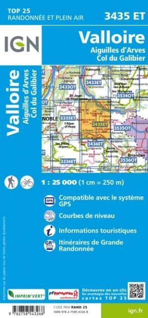 Carte TOP 25 n° 3435 ET - Valloire, Aiguilles d'Arves & Col du Galibier (Alpes) | IGN carte pliée IGN 