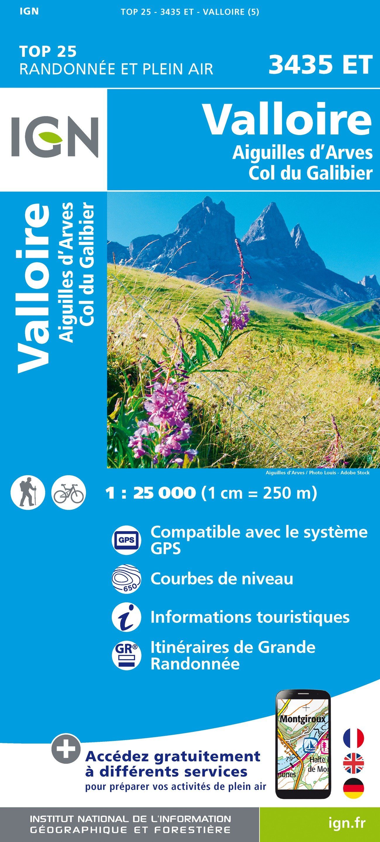 Carte TOP 25 n° 3435 ET - Valloire, Aiguilles d'Arves & Col du Galibier (Alpes) | IGN carte de randonnée IGN
