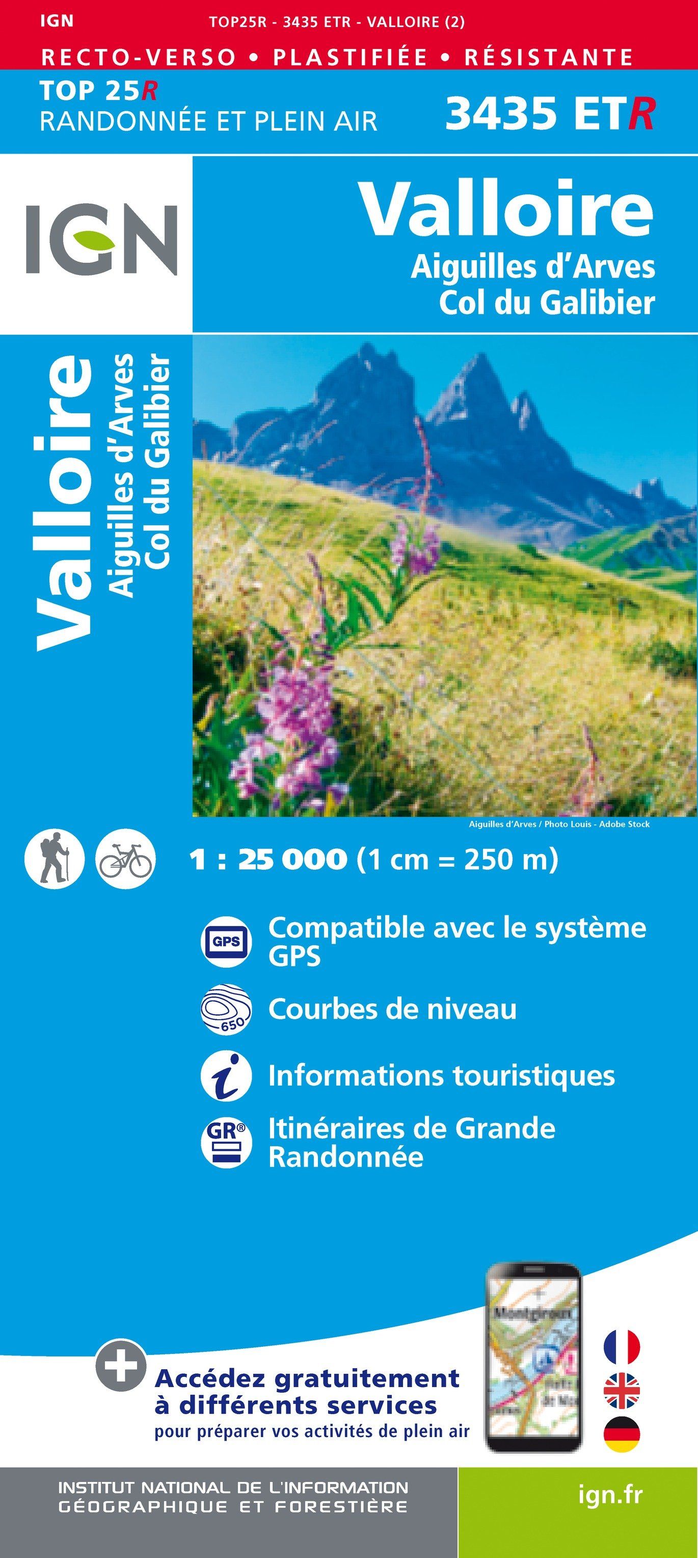 Carte TOP 25 n° 3435 ETR (résistante) - Valloire, Aiguilles d'Arves & Col du Galibier (Alpes) | IGN carte de randonnée IGN