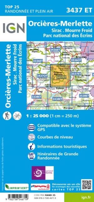 Carte TOP 25 n° 3437 ET - Orcières-Merlette (PN des Ecrins, Alpes) | IGN carte de randonnée IGN