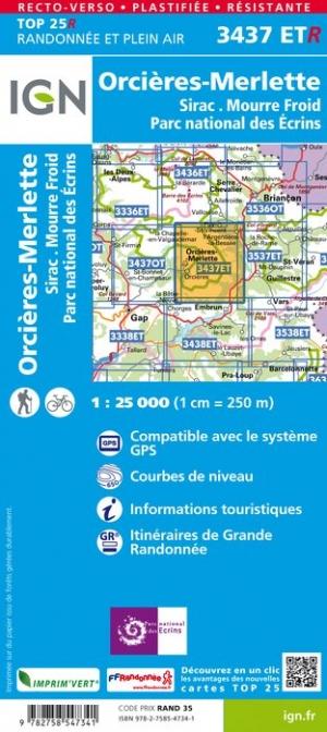 Carte TOP 25 n° 3437 ETR (Résistante) - Orcières-Merlette (PN des Ecrins, Alpes) | IGN carte pliée IGN 