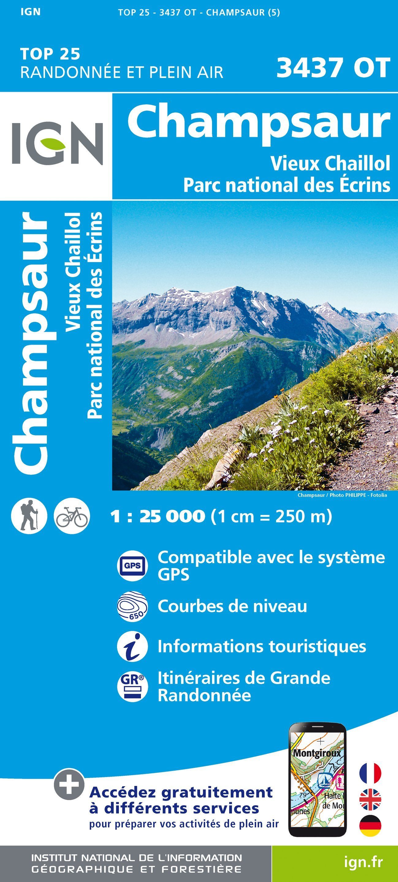 Carte TOP 25 n° 3437 OT - Champsaur, Vieux Chaillol (PN des Ecrins, Alpes) | IGN carte de randonnée IGN