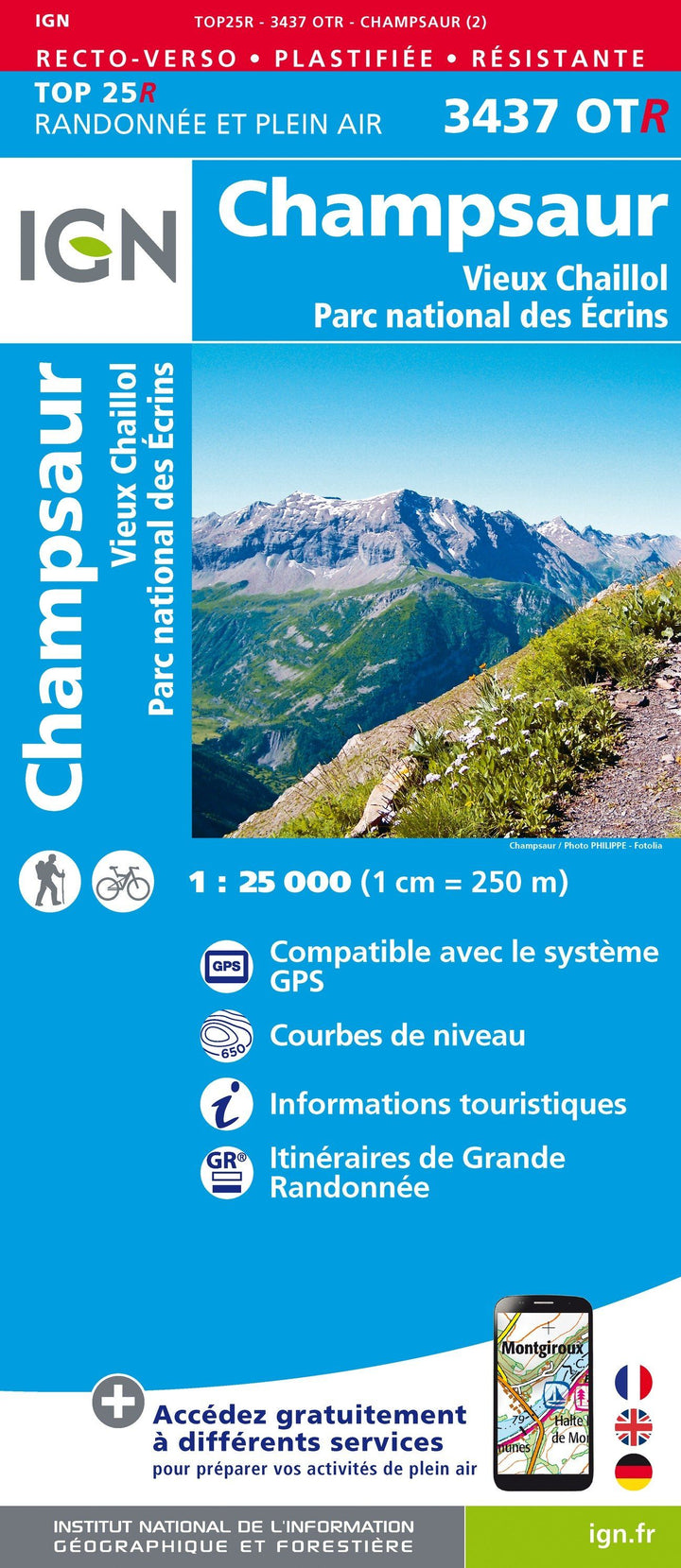 Carte TOP 25 n° 3437 OTR (Résistante) - Champsaur, Vieux Chaillol (PN des Ecrins, Alpes) | IGN carte pliée IGN 