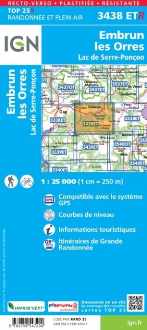 Carte TOP 25 n° 3438 ETR (Résistante) - Embrun, les Orres & Lac de Serre-Ponçon | IGN carte pliée IGN 