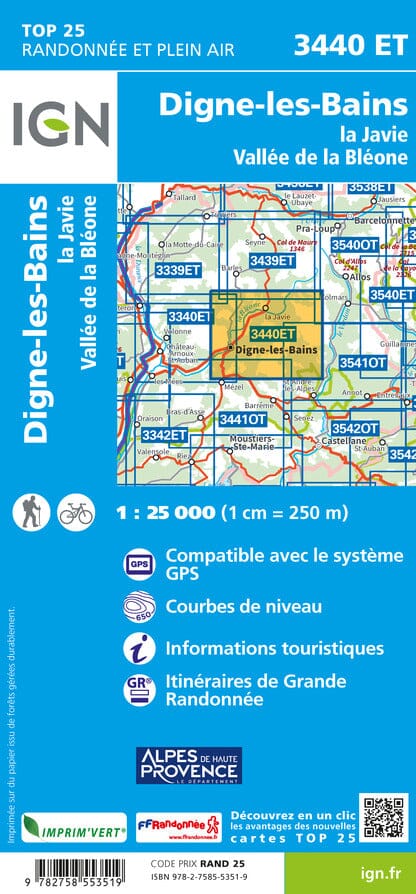 Carte TOP 25 n° 3440 ET - Digne-les-Bains, la Javie & Vallée de la Bléone | IGN carte de randonnée IGN