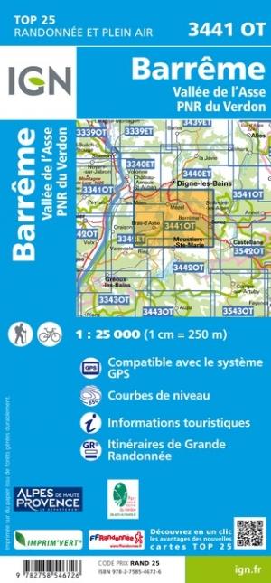 Carte TOP 25 n° 3441 OT - Barrême & Vallée de l'Asse & PNR du Verdon | IGN carte de randonnée IGN