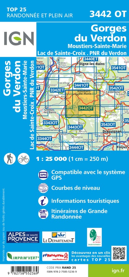 Carte TOP 25 n° 3442 OT - Gorges du Verdon, Moustiers-Ste-Marie & Lac de Ste Croix (PNR du Verdon) | IGN carte de randonnée IGN
