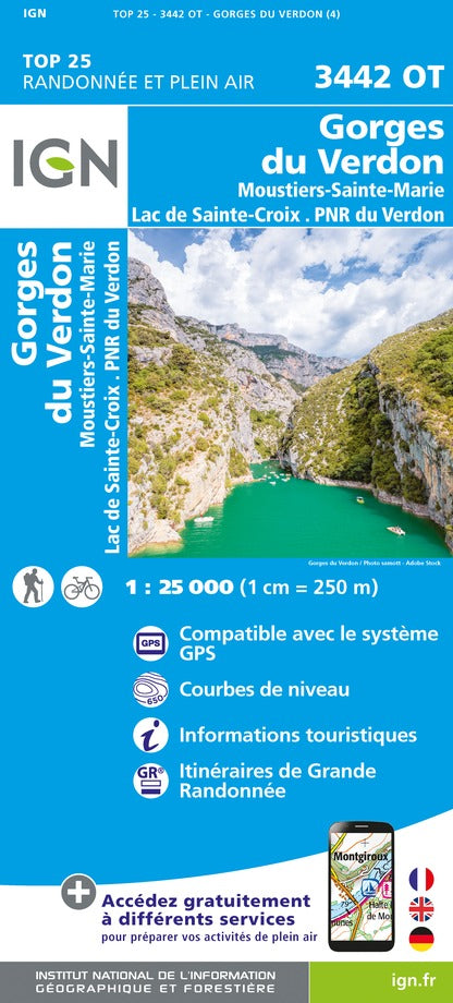 Carte TOP 25 n° 3442 OT - Gorges du Verdon, Moustiers-Ste-Marie & Lac de Ste Croix (PNR du Verdon) | IGN carte de randonnée IGN