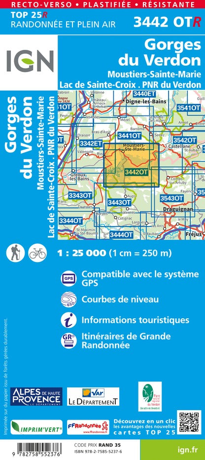 Carte TOP 25 n° 3442 OTR (résistante) - Gorges du Verdon, Moustiers-Ste-Marie & Lac de Ste Croix (PNR du Verdon) | IGN carte de randonnée IGN