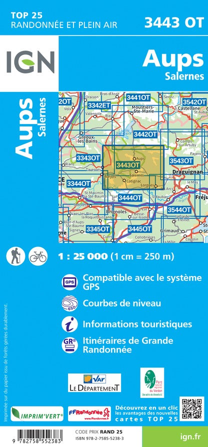 Carte TOP 25 n° 3443 OT - Aups & Salernes | IGN carte pliée IGN 