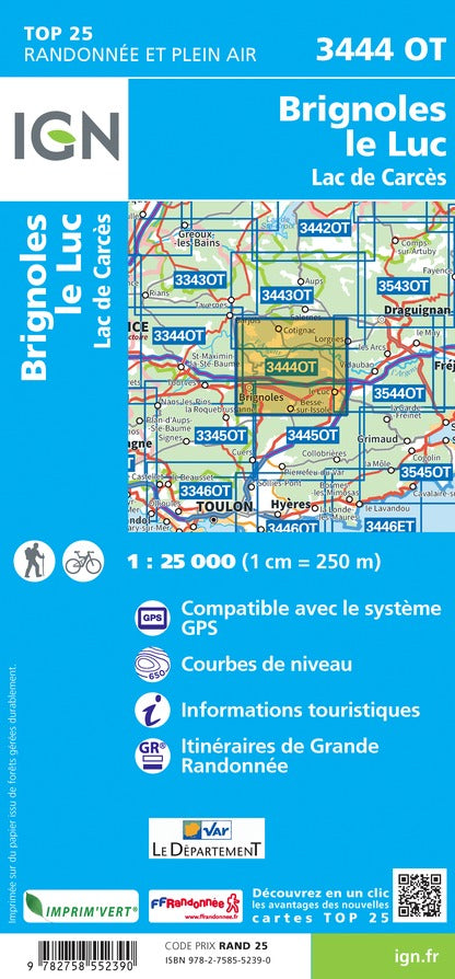 Carte TOP 25 n° 3444 OT - Brignoles, Le Luc, Lac de Carcès | IGN carte de randonnée IGN