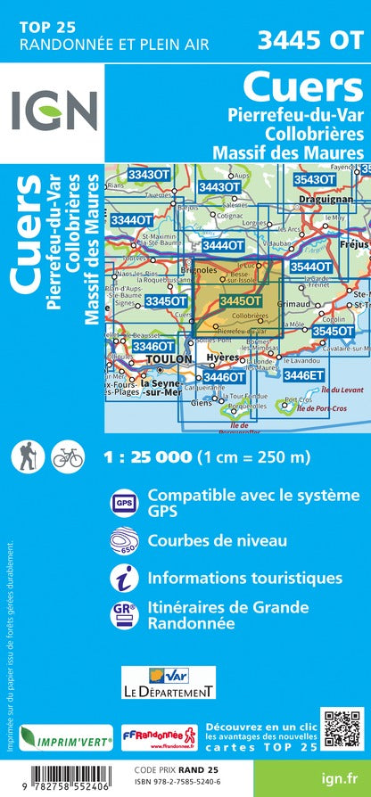 Carte TOP 25 n° 3445 OT - Cuers, Pierrefeu-du-Var, Collobrières, Massif des Maures | IGN carte de randonnée IGN