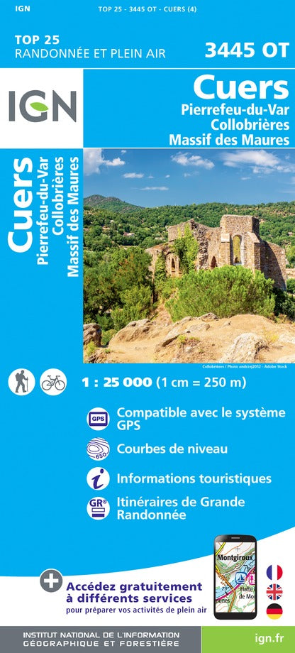 Carte TOP 25 n° 3445 OT - Cuers, Pierrefeu-du-Var, Collobrières, Massif des Maures | IGN carte de randonnée IGN