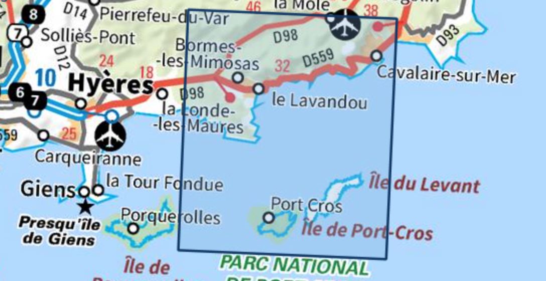 Carte TOP 25 n° 3446 ET - Le Lavandou, Parc national de Port-Cros, Corniche des Maures | IGN carte de randonnée IGN