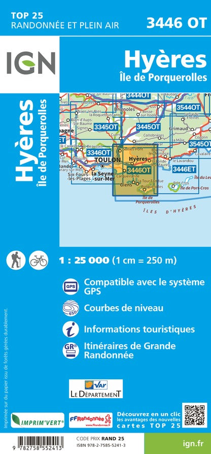 Carte TOP 25 n° 3446 OT - Hyères, Ile de Porquerolles | IGN carte de randonnée IGN