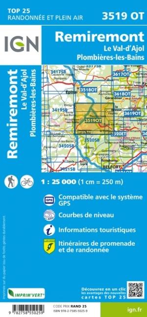 Carte TOP 25 n° 3519 OT - Remiremont, Le Val-d'Ajol, Plombières-les-Bains | IGN carte de randonnée IGN