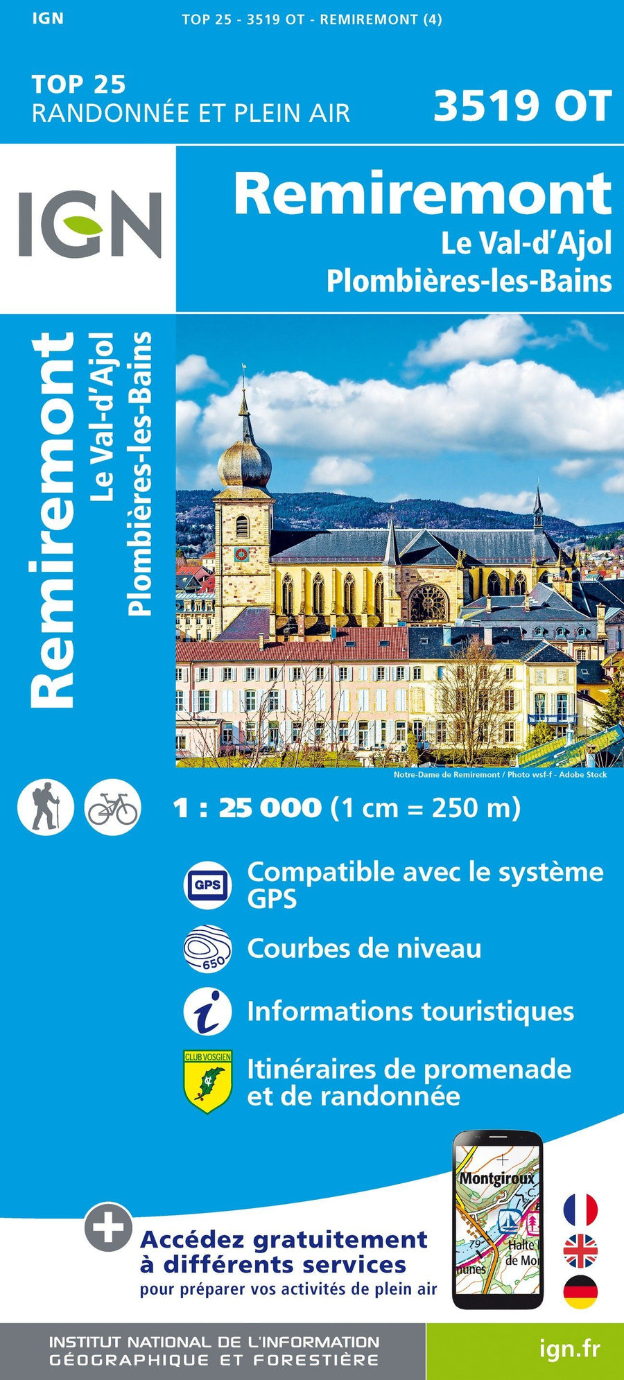 Carte TOP 25 n° 3519 OT - Remiremont, Le Val-d'Ajol, Plombières-les-Bains | IGN carte pliée IGN 