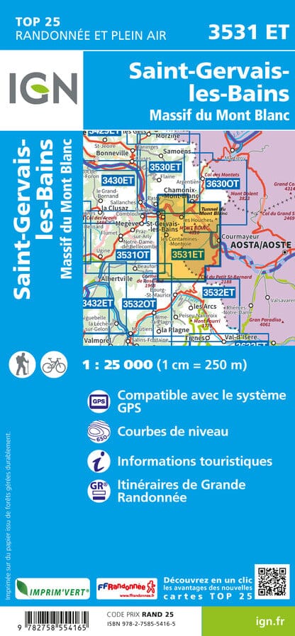 Carte TOP 25 n° 3531 ET - Saint-Gervais-les-Bains & Massif du Mont Blanc | IGN carte pliée IGN 