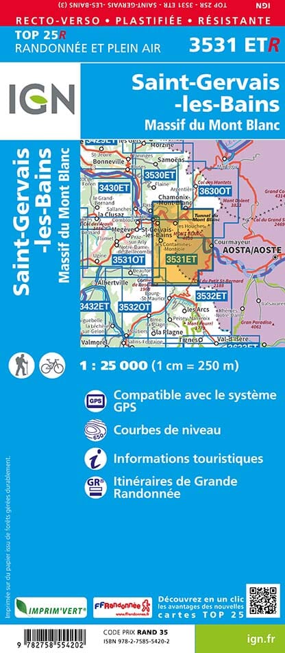 Carte TOP 25 n° 3531 ETR (résistante) - St Gervais & Massif du Mont Blanc | IGN carte de randonnée IGN