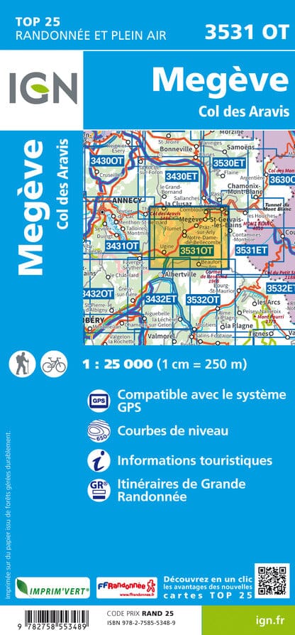 Carte TOP 25 n° 3531 OT - Megève & Col des Aravis (Alpes) | IGN carte de randonnée IGN