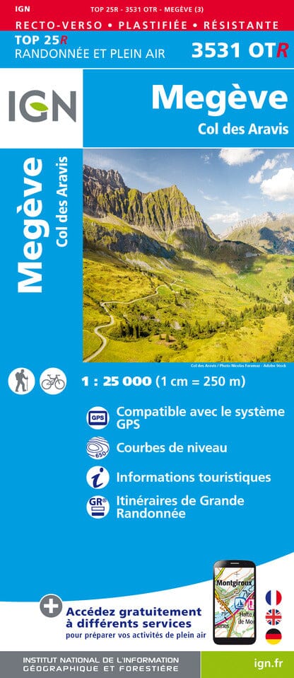 Carte TOP 25 n° 3531 OTR (résistante) - Megève & Col des Aravis (Alpes) | IGN carte de randonnée IGN