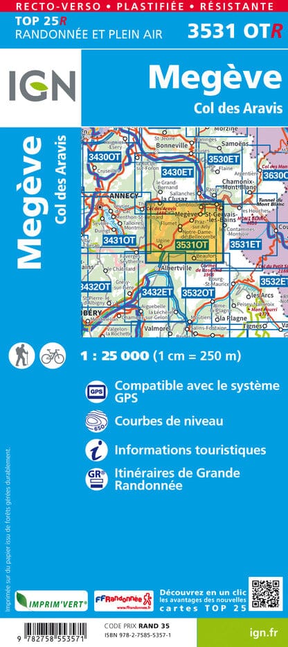 Carte TOP 25 n° 3531 OTR (résistante) - Megève & Col des Aravis (Alpes) | IGN carte de randonnée IGN