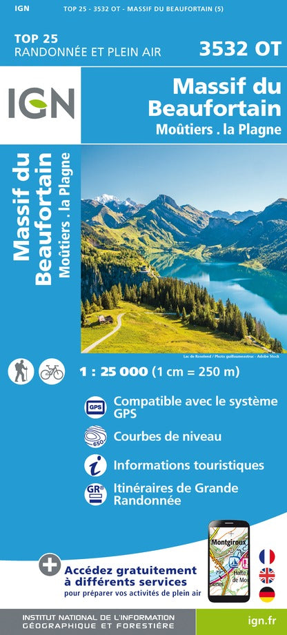 Carte TOP 25 n° 3532 OT - Massif du Beaufortain, Moûtiers, La Plagne | IGN carte pliée IGN 