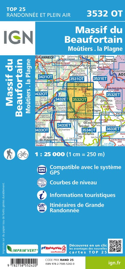 Carte TOP 25 n° 3532 OT - Massif du Beaufortain, Moûtiers, La Plagne | IGN carte de randonnée IGN
