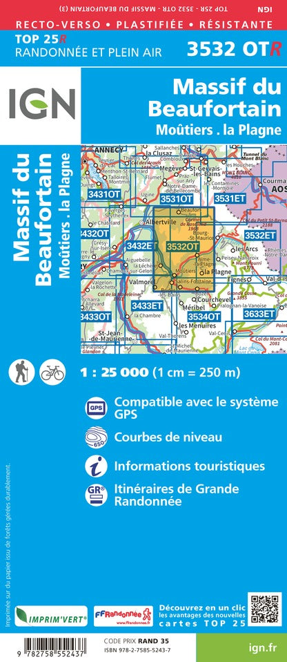 Carte TOP 25 n° 3532 OTR (résistante) - Massif du Beaufortain, Moûtiers, La Plagne (Alpes) | IGN carte de randonnée IGN