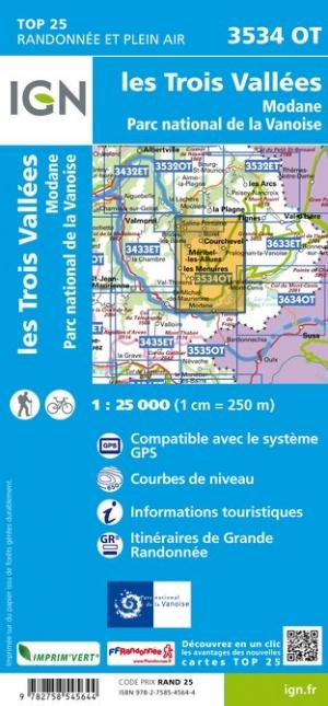 Carte TOP 25 n° 3534 OT - Les Trois Vallées & Modane (PN de la Vanoise) | IGN carte de randonnée IGN