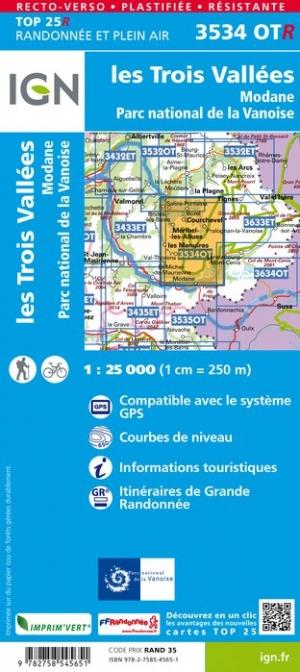 Carte TOP 25 n° 3534 OTR (résistante) - Les Trois Vallées & Modane (PN de la Vanoise, Alpes) | IGN carte de randonnée IGN