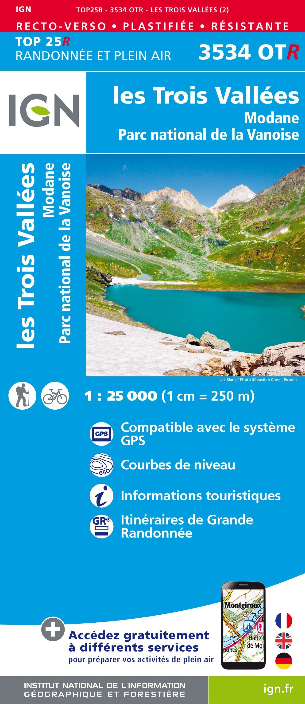 Carte TOP 25 n° 3534 OTR (résistante) - Les Trois Vallées & Modane (PN de la Vanoise, Alpes) | IGN carte de randonnée IGN