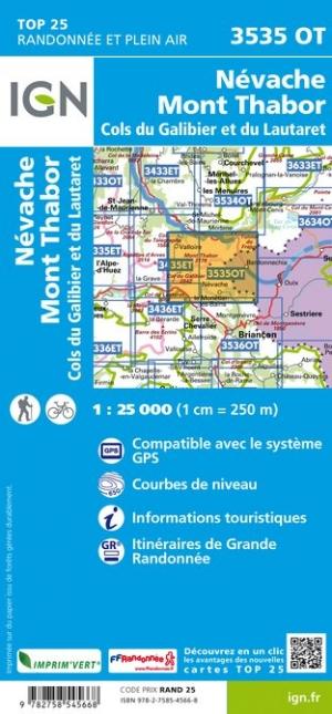 Carte TOP 25 n° 3535 OT - Névache, Mont Thabor & Cols du Galibier et du Lautaret (Alpes) | IGN carte pliée IGN 