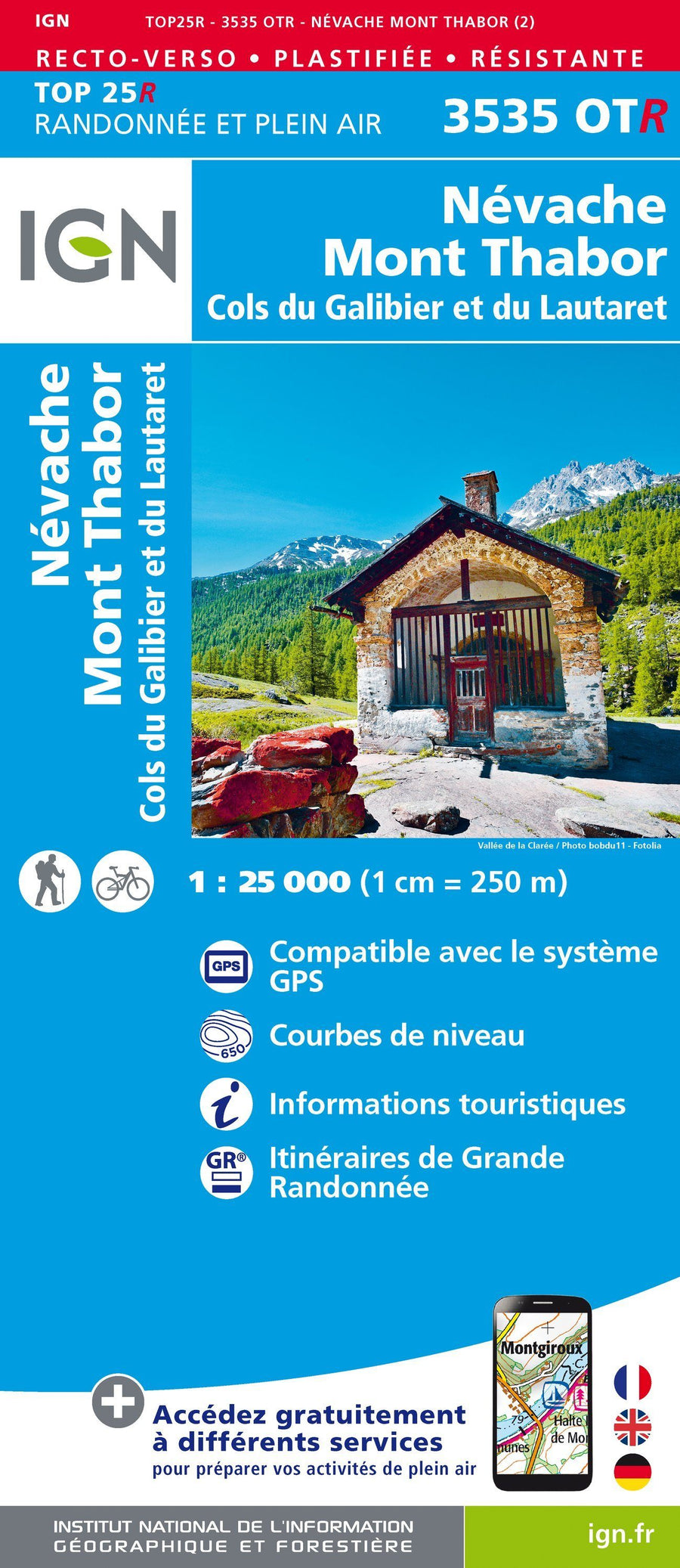 Carte TOP 25 n° 3535 OTR (résistante) - Névache, Mont Thabor, Cols du Galibier et du Lautaret (Alpes) | IGN carte pliée IGN 