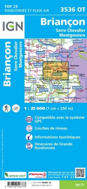 Carte TOP 25 n° 3536 OT - Briançon, Serre-Chevalier, Montgenèvre (Alpes) | IGN carte de randonnée IGN