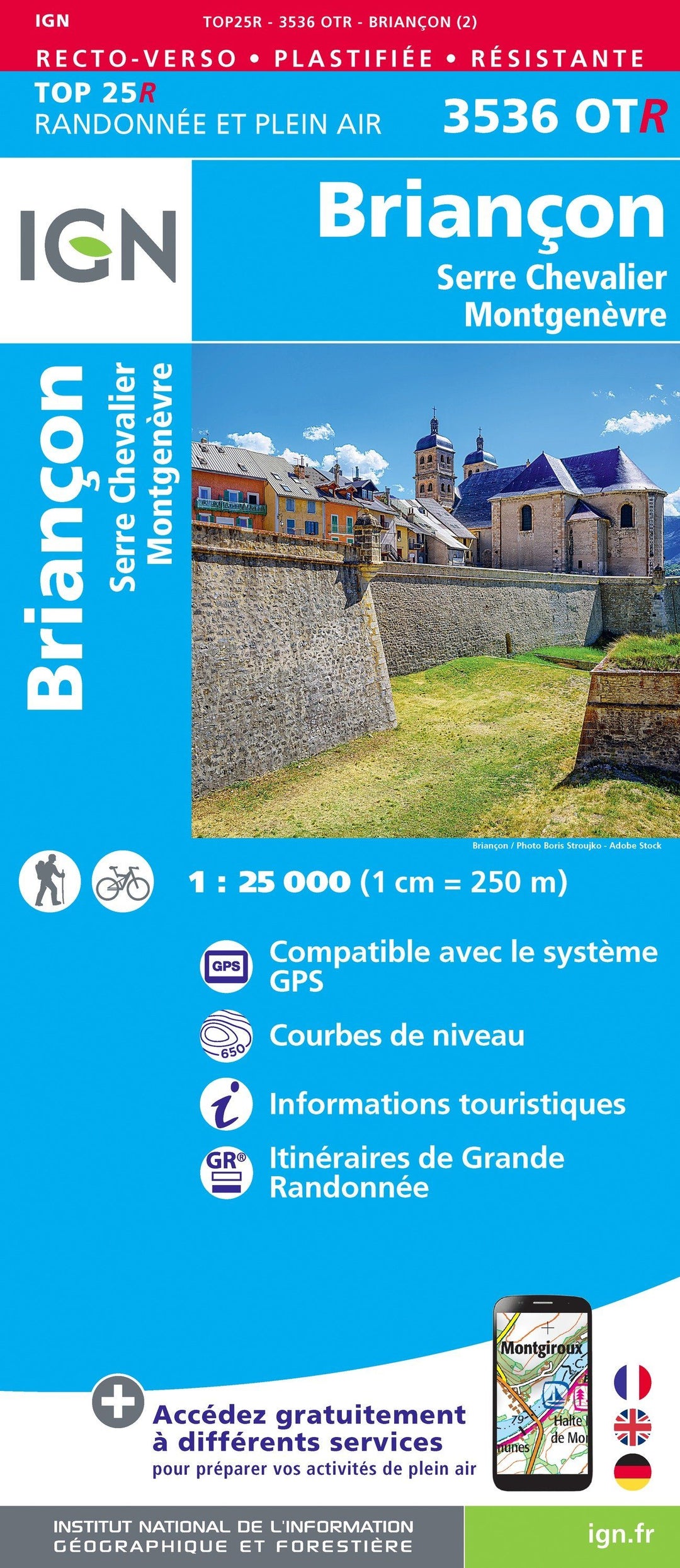 Carte TOP 25 n° 3536 OTR (résistante) - Briançon, Serre Chevalier & Montgenèvre (Alpes) | IGN carte pliée IGN 